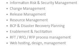 Information Risk & Security Management Change Management Release Management Resource Management BCP & Disaster Recovery Planning Enablement & Facilitation RFT / RFQ / RFP process management Web hosting, design, management