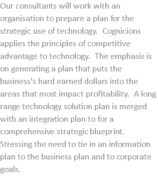 Our consultants will work with an organisation to prepare a plan for the strategic use of technology. Cognicions applies the principles of competitive advantage to technology. The emphasis is on generating a plan that puts the business's hard earned dollars into the areas that most impact profitability. A long range technology solution plan is merged with an integration plan to for a comprehensive strategic blueprint. Stressing the need to tie in an information plan to the business plan and to corporate goals.