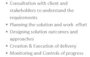 Consultation with client and stakeholders to understand the requirements Planning the solution and work effort Designing solution outcomes and approaches Creation & Execution of delivery Monitoring and Controls of progress